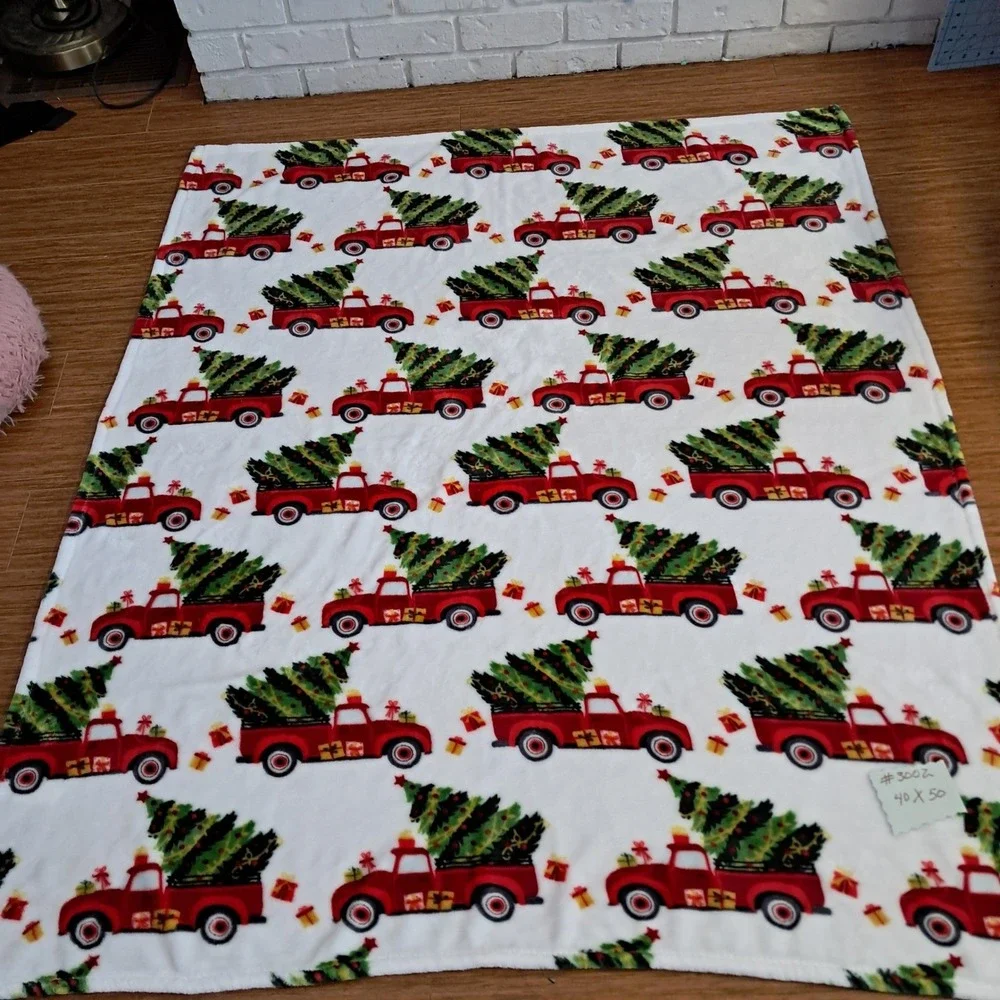 Christmas Truck Tree Red Holiday Plush Soft Fleece Blanket Cozy Warm Throw #3002
